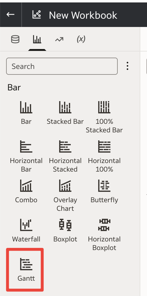Selecting the Gantt Chart visualisation in Oracle Analytics Cloud